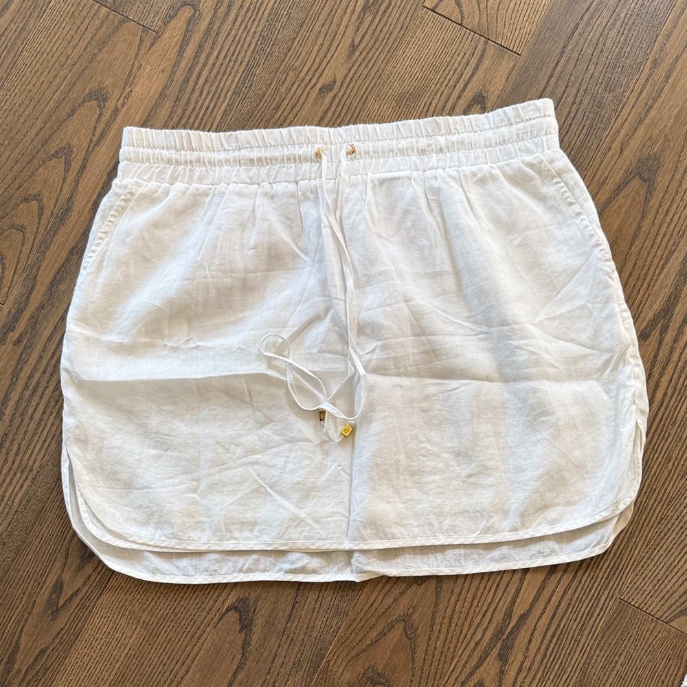Michael Kors White Linen-Blend Lined Drawstring Skirt with Gold Accents